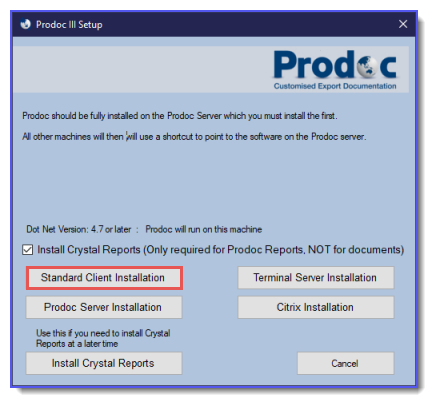 Screenshot of Prodoc III Setup - Standard Client Installation is highlighted