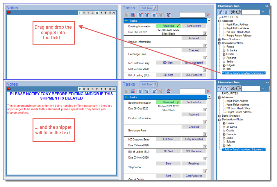 Drag-and-drop a snippet from the information tree to a text field